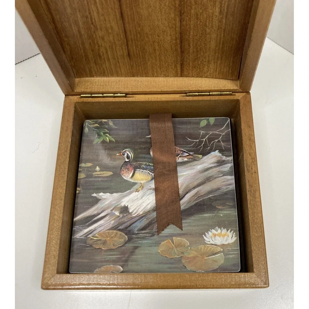 Vintage Duck Box Coaster Set Cork Back Wood Box 1970s with‎ 3 Coasters